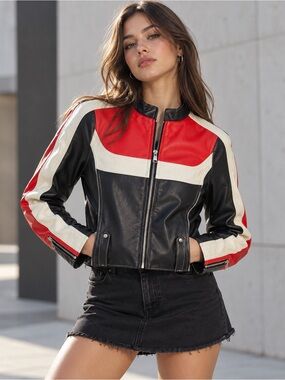 NWT Urban Outfitters Colourblock Faux Leather Moto Jacket Red Black Cream |Large